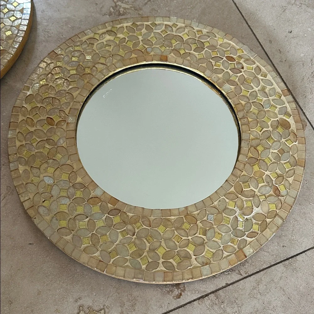Vintage Round Mirrors • Mother of Pearl & Capiz Shell Inlay • 2 Available • EUC
